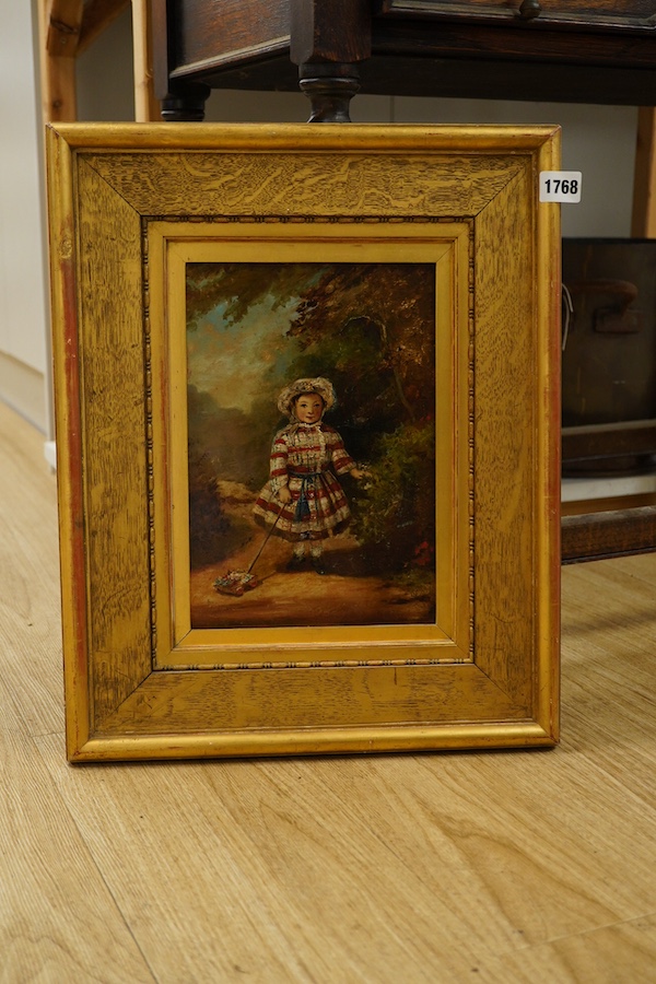 Victorian School, oil on canvas laid on board, Portrait of a young girl before a landscape, unsigned, 27 x 19cm, gilt frame